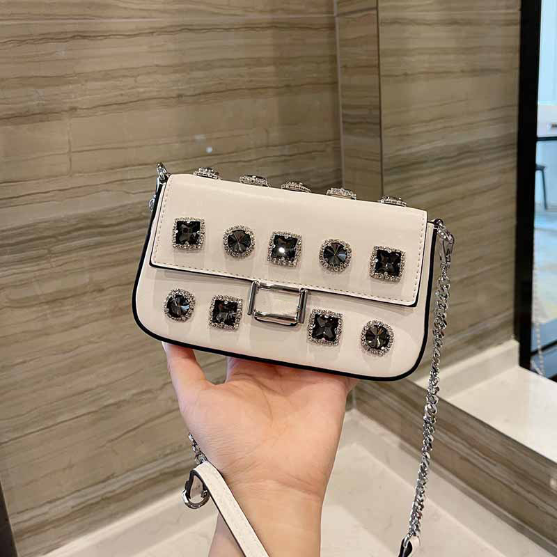 

Baguette Shoulder Bag Crossbody Bags Women Plain Genuine Leather Diamonds Chains Tote Handbag Mini Cover Hasp Hardware Wallet, Black