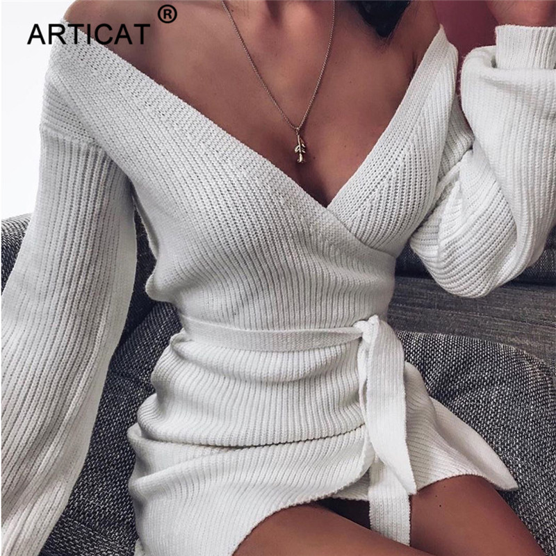 

knitted v neck off-shoulder belt dress for women solid long sleeve autumn dress women streetwear skinny club vestidoshigh quality, Black;gray