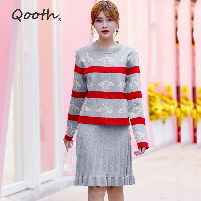 

Fashion Bees Embroidery Striped Colored Women Sweater-Skirt Suits 2 pieces Knitted OL Autumn Winter Vintage Clothing Sets QH1928 210518, Gray