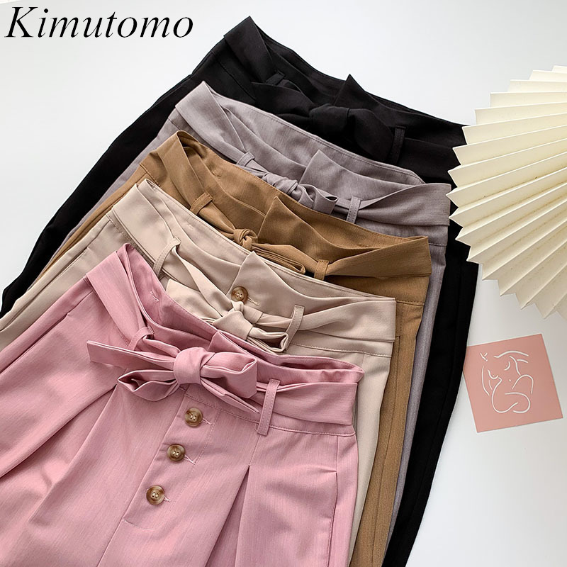 

Kimutomo Solid Color Casual Pants Spring Korean Fashion Female High Waist Buttons Strap Straight Pants Casual 210521, Black