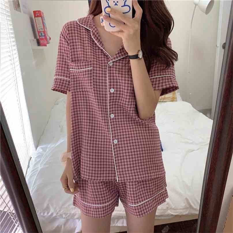 

Fashion Femme Chic Women Loose Sleepwear Casual Cotton Plaid All Match Girls Geometric Pajamas Sets 210525, Yellow