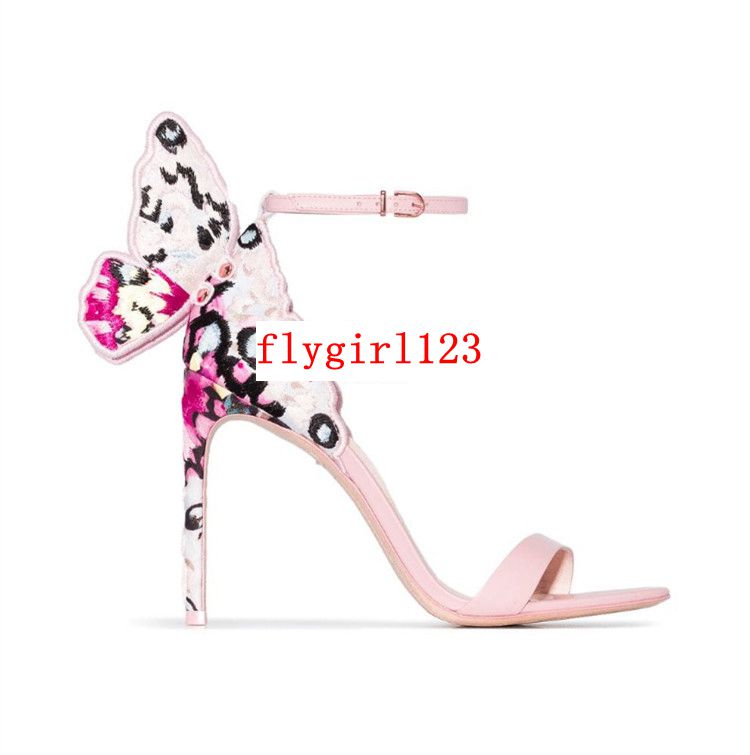 

Sophia Webster Women's leather high-heeled Sandals, butterfly shoes embroidered high heels, one-word buckle, size: 34-42, pink, Black