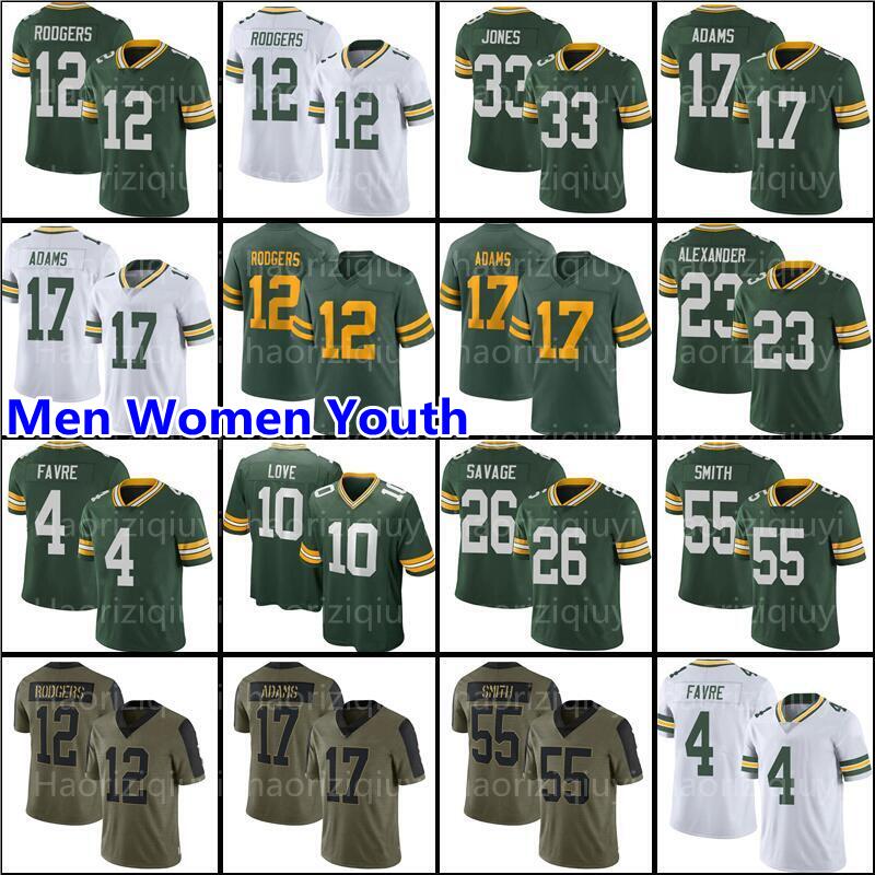 

12 Aaron Rodgers Jersey 17 Davante Adams 28 A.J. Dillon 69 David Bakhtiari 13 Allen Lazard 26 Darnell Savage 23 Jr Alexander 33 Jones 4 Brett Favre 55 Smith Football Love, Men jersey