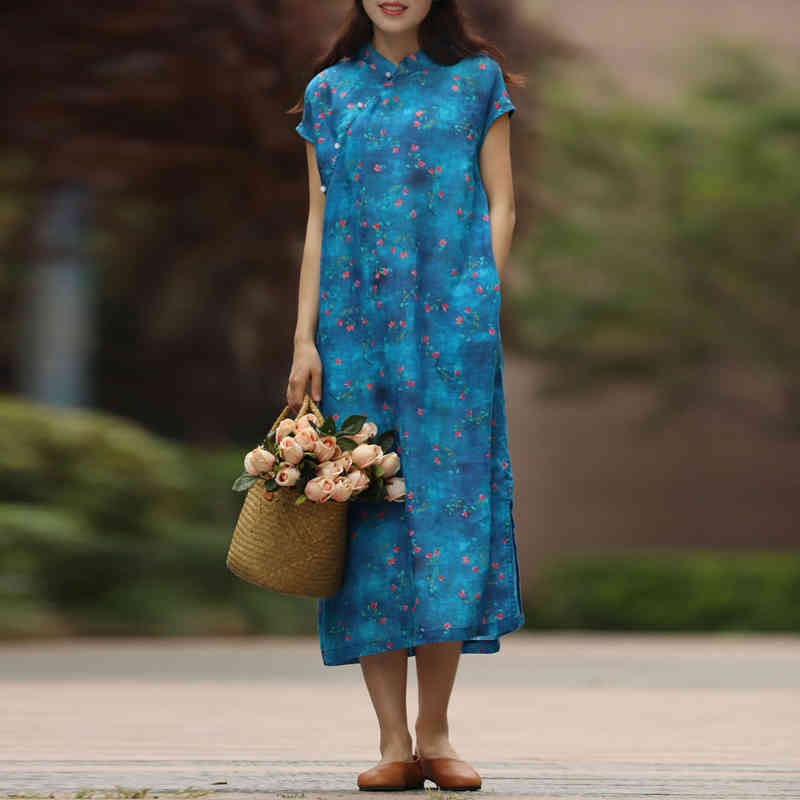 

Johnature Women Chinese Style Dresses Ramie Button Short Sleeve A-Line Cheongsam Summer Print Floral Quality Blue Dress 210521