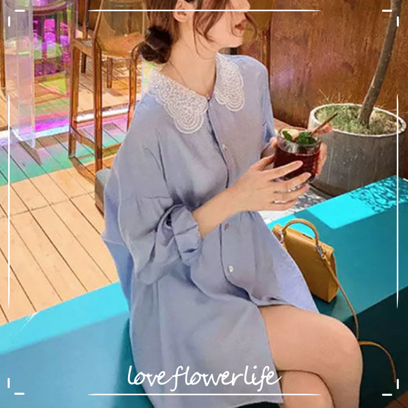 

Elegant Shirt Dress Women Lace Chiffon Long Sleeve Casual Mini Dress Office Lady High Waist Dress Korean Summer 210521, Blue