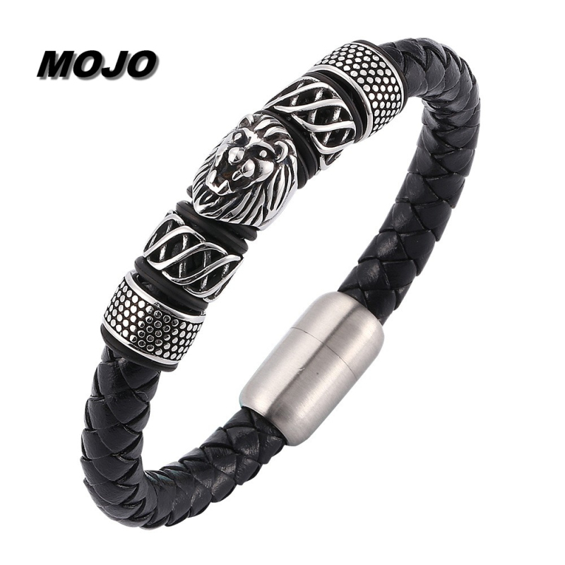 

Top Grade Men Style Punk Stainless Steel Lion Head Charm Genuine Leather Bracelet