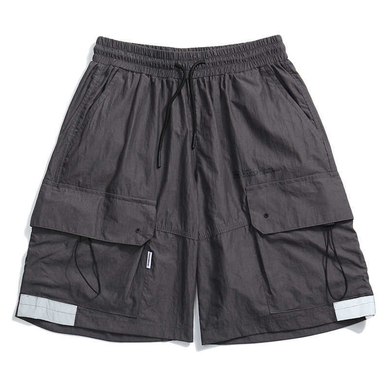

Summer Cargo Short Men Casual Loose Streetwear Shorts Cotton Elastic Waist Knee Length Straight Short Male Fashion Multi-pocket 210527, Gray