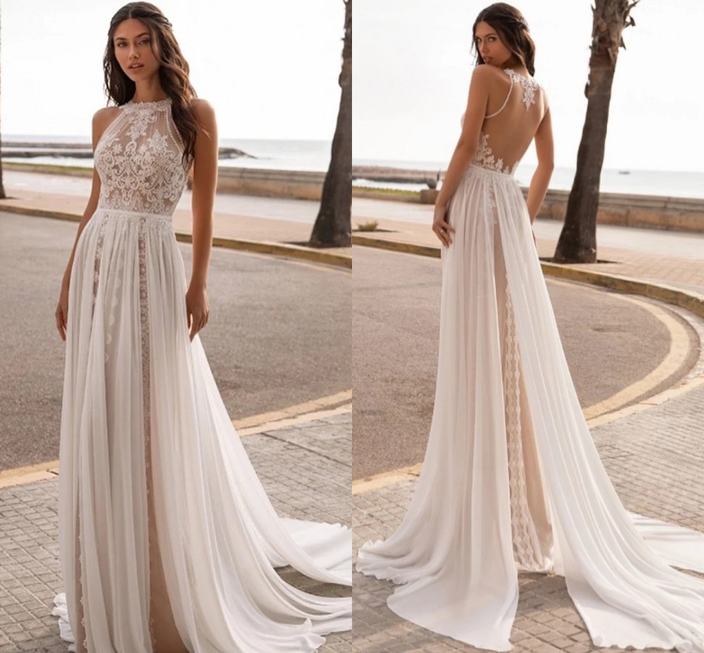 

Bohemian Lace Wedding Dress 2021 Vintage Halter Sleeveless Sweep Train Simple A Line Chiffon Bridal Gowns Summer Beach Robe De Mariee Sheer Back Country Boho AL9389, Black