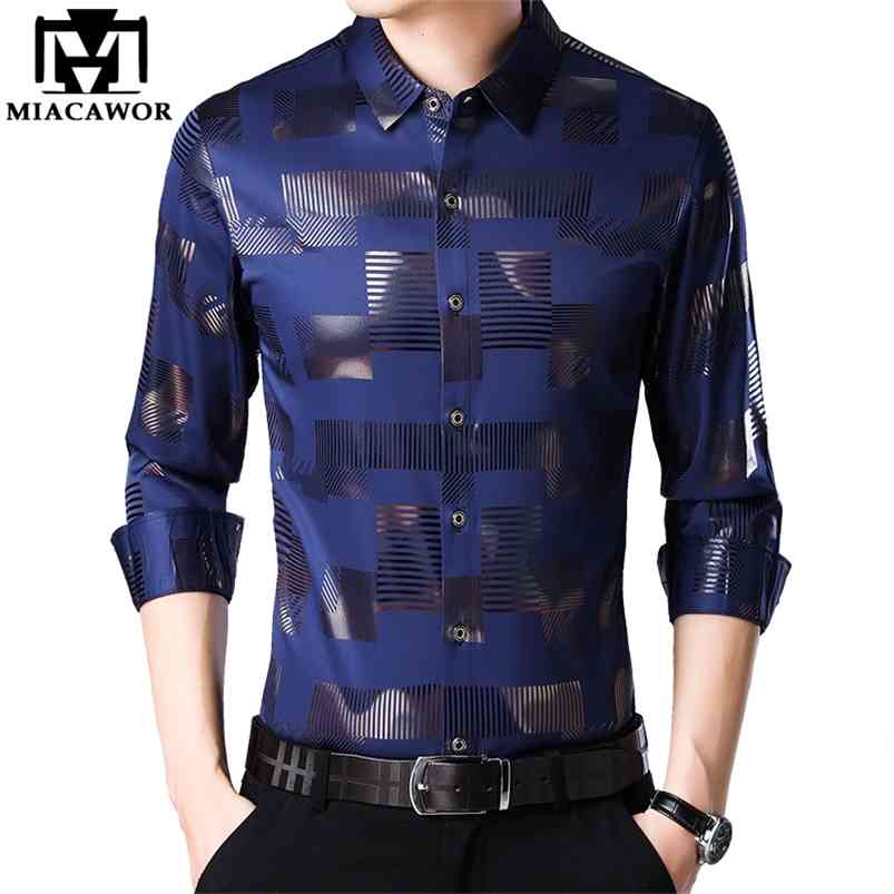 

MIACAWOR Business Casual Shirts Men Fashion Print Slim Fit Dress Shirt Long Sleeve Camisa Masculina Plus Size Clothes C457 210721, Purple