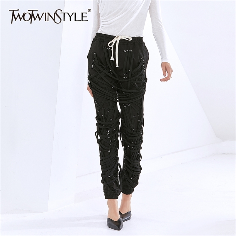 

Casual Harem Pants For Women High Waist Straight Cross Bandage Trouser Female Fashion Clothing Autumn 210521, Black and white
