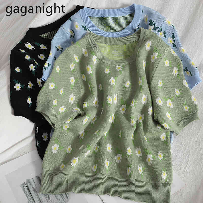 

Gaganight Summer Short Sleeve Floral Pullover Women O-Neck Knitted Sweaters Tops Korean Casual Knit Tee Shirt Pull Femme Jumper 210519, Black