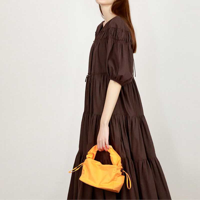 

Sexy V-neck Backless Puff Sleeve Woman Dress Summer Fresh Fashion Dresses Solid Chic High Waist Slim Fit Vestidos 210525, Brown