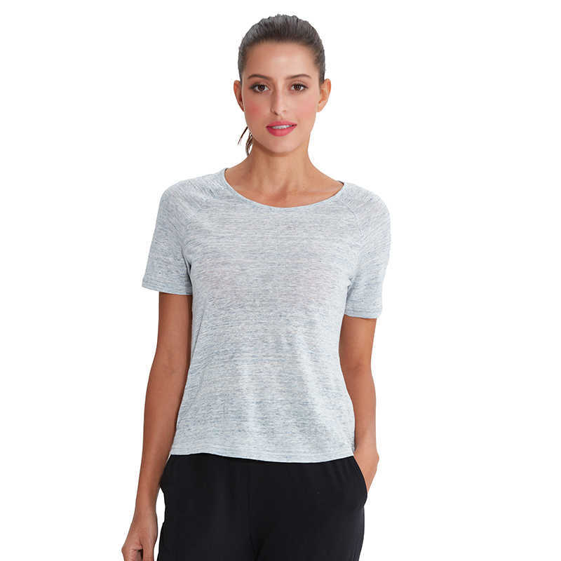 

100% Linen T Shirt Woman Summer O-Neck Short Sleeve Girls Basic Tee M30204 210526, Gray