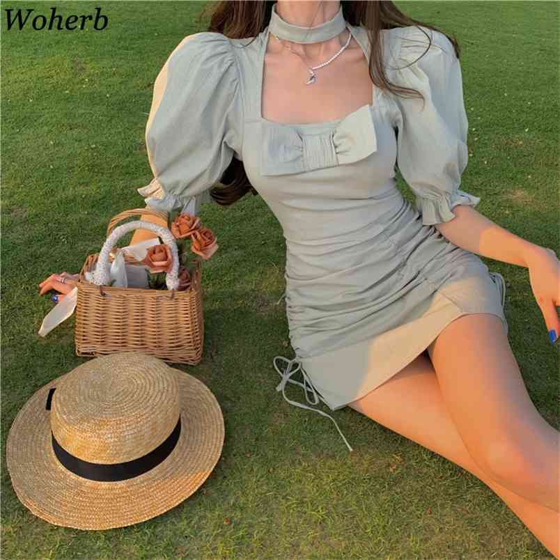 

Korean Dress Women Sweet Summer Robe Drawstring Sexy Bodycon Vestidos Hollow Out Chic Bow Elegant Mini Dresses 4j032 210519, Pink