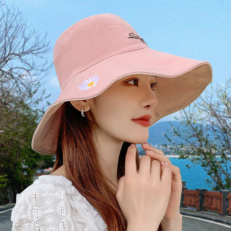 

Daisy fisherman hat woman summer day big brim with double-sided sunshade sunhat sunscreen hat can be worn on both sides, Black