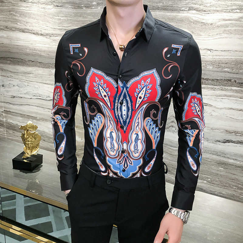 

Luxury Printed Men Shirts Autumn Long Sleeve Slim Fit Casual Shirt Streetwear Social Party Male Clthing Camisas Para Hombre 210527, White