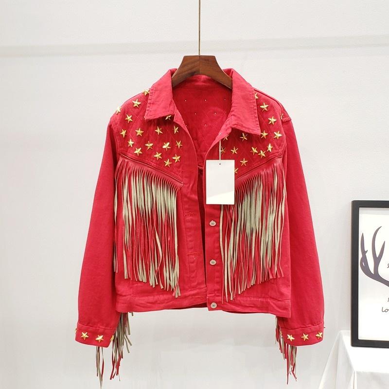 

Women's Jackets Rivets Punk Tassel Jacket Women Autumn Streetwear Single Breasted Denim Coat Fashion Red Female Club Party Long Sleeve, Black