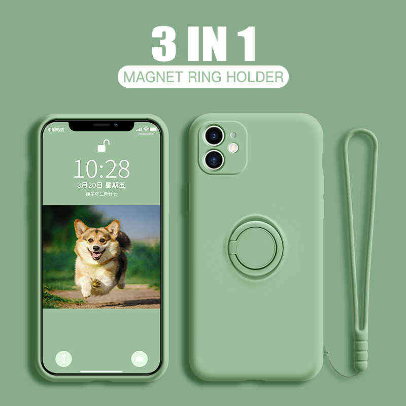 

LOVECOM Ring Holder Hand Strap Phone Case For iPhone 13 12 11 Pro Max XR XS Max 7 8 Plus X Soft Liquid Silicon Plain Back Cover Y1028, White