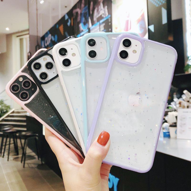 

Bling Glitter Epoxy Transparent Shockproof Cases Pure Color Jelly Edge Clear Full Protection Cover For iPhone 13 12 11 Pro Max XR XS 7 8 SE2 6 6S Plus, Mix colors