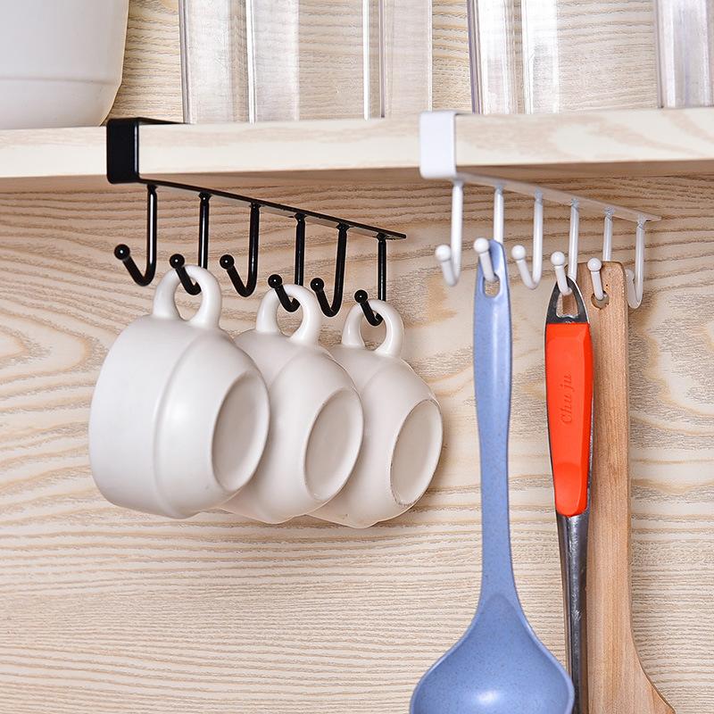 

Kitchen Storage & Organization Iron 6 Hooks Shelf Under-Cabinet Shelves Mug Cup Hanger Wardrobe Under Tie Sundries Organizer