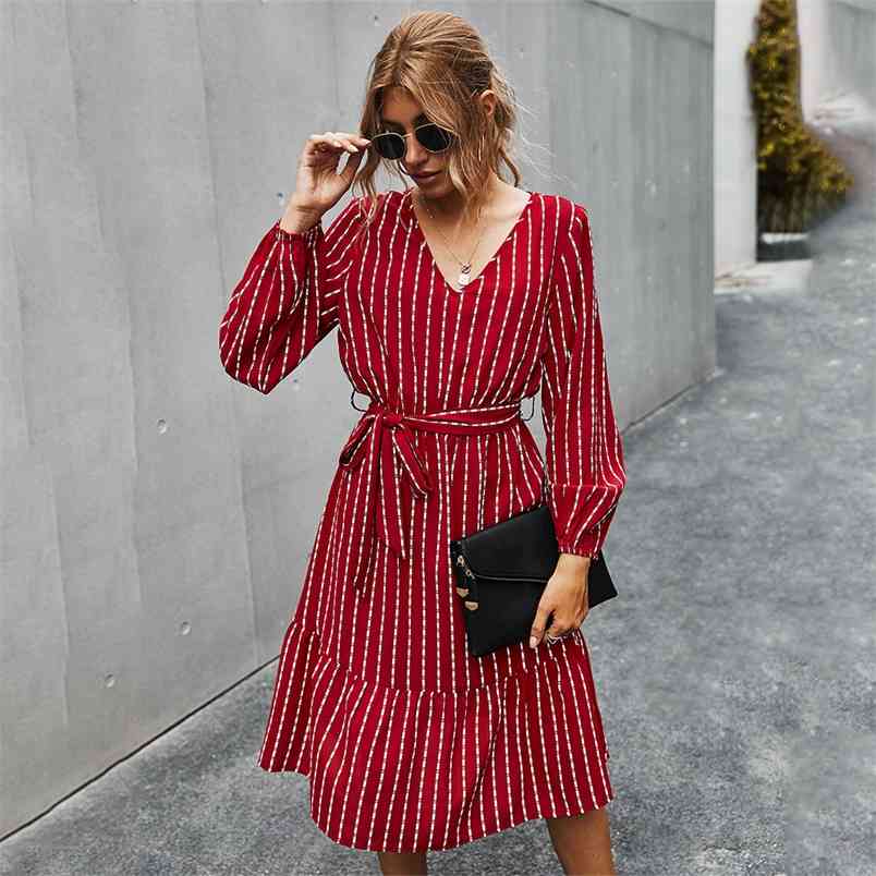 

Autumn Dresses Women Elegant V-neck Casual A-Line Midi Dress Vintage Red Yellow Striped Sashes Lace-up Femme Robe Veatidos 210517