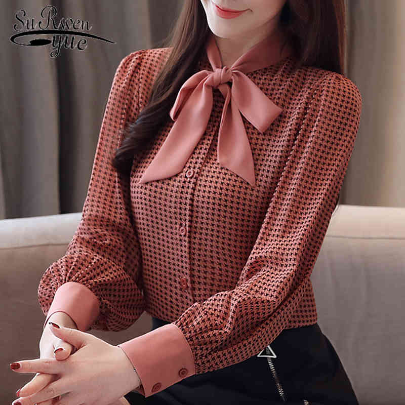 Tops et chemisiers pour femmes Chemises à manches longues Collor de mode Collor Blouse Plaid Girm de mousseline