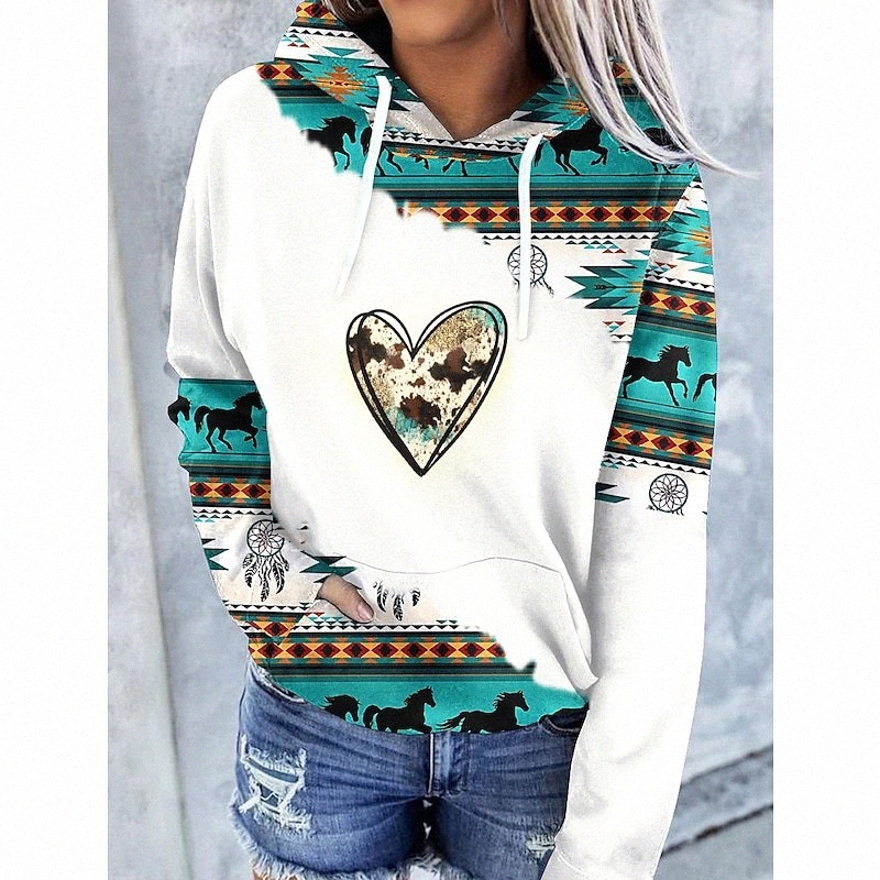 hoodies for women pullover graphic,womens long sleeve hoodie aztec geometric print drawstring color block hooded sweatshirt pullover tops with po-image-755734791