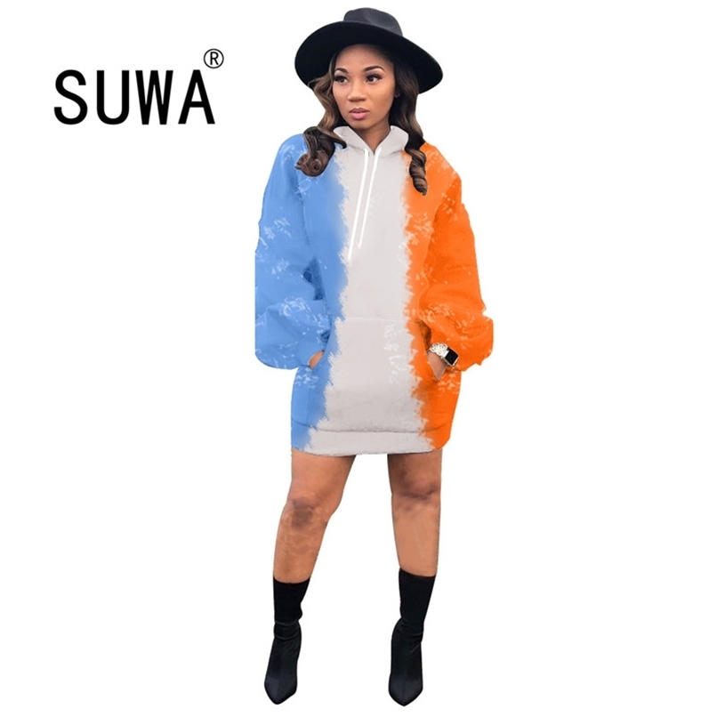 

Contrast Tie Dye BF Style Sweatshirt Hoodies Women Autumn Winter Mini Dresses With Pocket Free Lady 210525, Blue