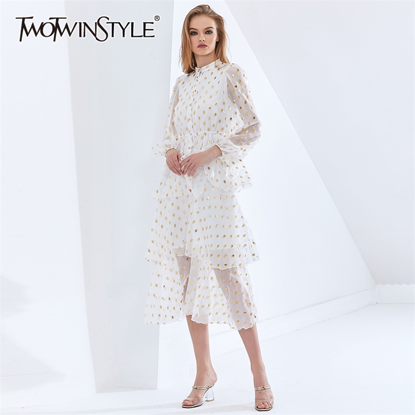 

Perspective Polka Dot Women's Dress Stand Collar Lantern Sleeve High Waist Sequin Elegant Dresses Female 210520, White
