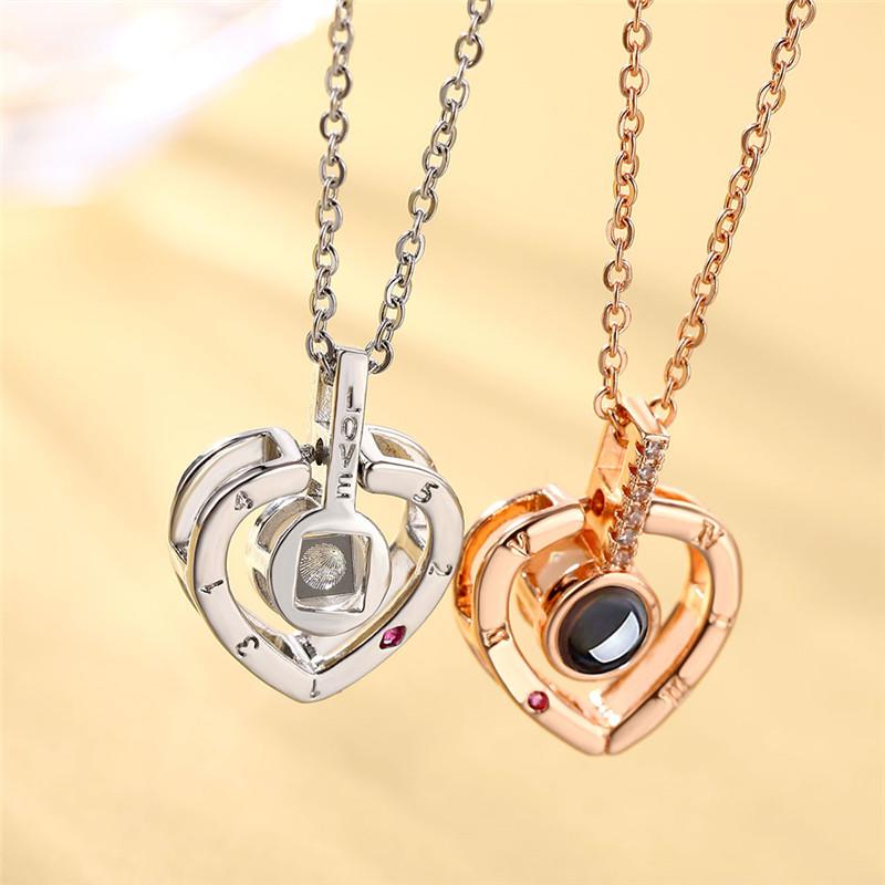 Pendant Necklaces 100 Languages I Love You Projection Necklace Women Rose Gold&Silver Color Romantic Heart Memory Wedding-image-706614075