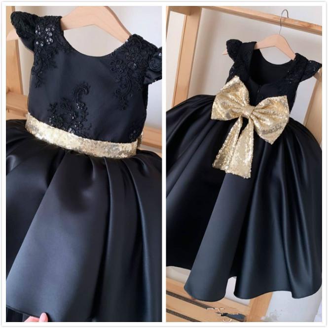 

Black Lace Beaded Flower Girl Dresses Ball Gown Satin Little Wedding Communion Pageant Gowns, Same as image