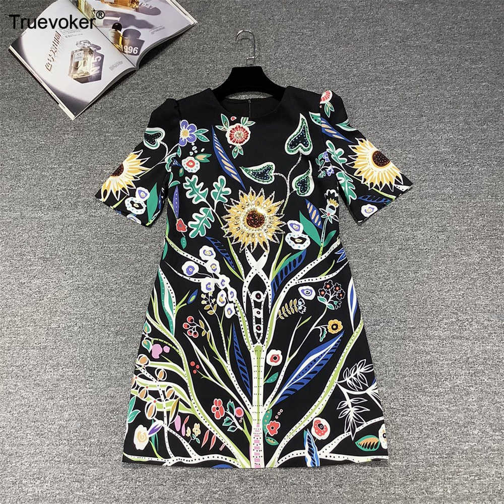 

Truevoker Spring Runway Fashion Women' Short Sleeve Black Vintage Flower Print Diamond Party Dress 210602, Blue