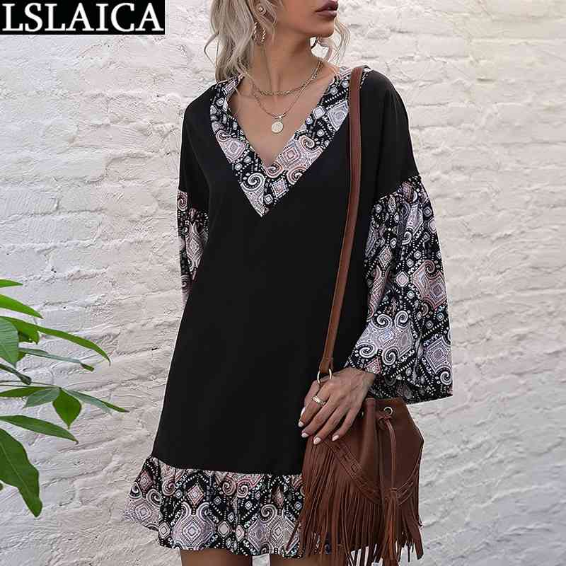 

Patchwork Women Clothing Casual Loose Long Sleeve Dresses for Fashion Personalized Streetwear Printing Sukienka Damska 210520, Black