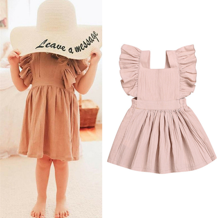 

Baby girls cotton linen dresses kids falbala fly sleeve dress summer children V-neck Bows backless princess clothes Q0424, Red;yellow