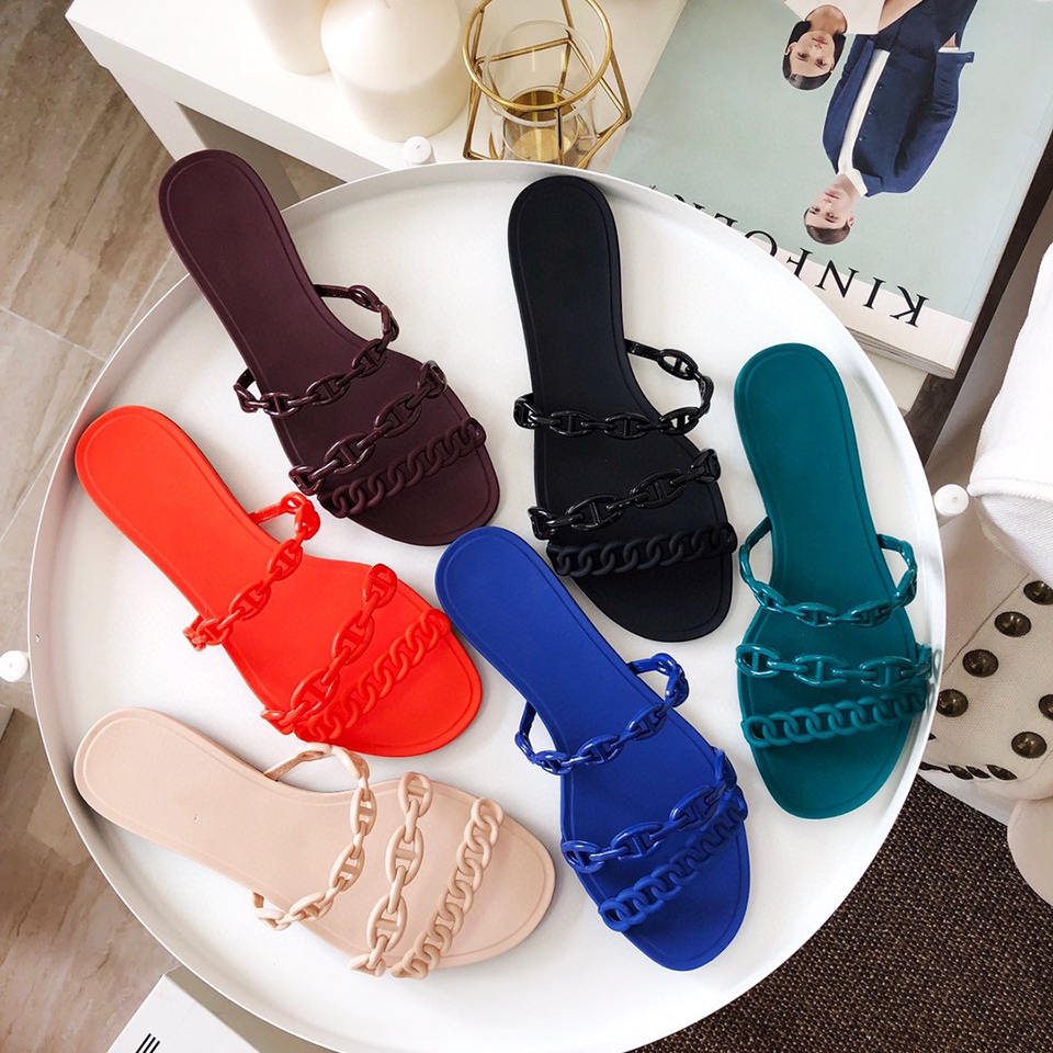 

leather slippers for women outside Instagram hipster pig nose chain flat sandals fashion beach vacation summer, Separate 1 shoe box