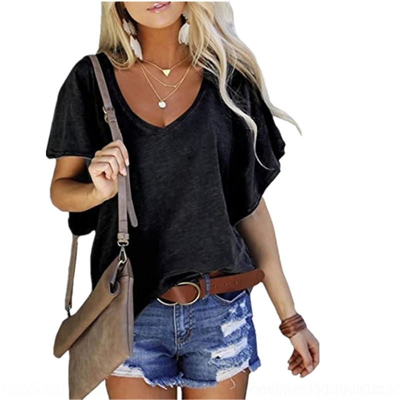 

sqcl 2021 spring and summer women'swomen's t-shirt solid color lotus sleeve loose v-neck short sleeve t-shirt, White