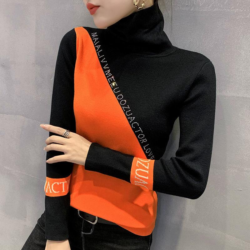 

Women's Sweaters Turtleneck Sweater 2021 Fall/Winter Korean Version Of Rhinestone Letters Color Block Slim Knit Long Sleeve Top, White;black