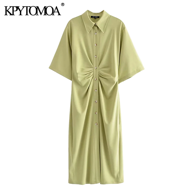 

2021kpytomoa women 2021 chic fashion button-up draped midi shirt dress vintage short sleeve side zipper female dresses vestidos, Black;gray