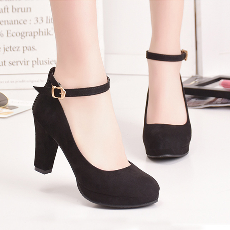 

Women Fashion Flock Pumps Ladies Sweet Thick High Heels Shoes Female nkle Strap Suede Mary Jane Woman Party Casual Footwear, Black