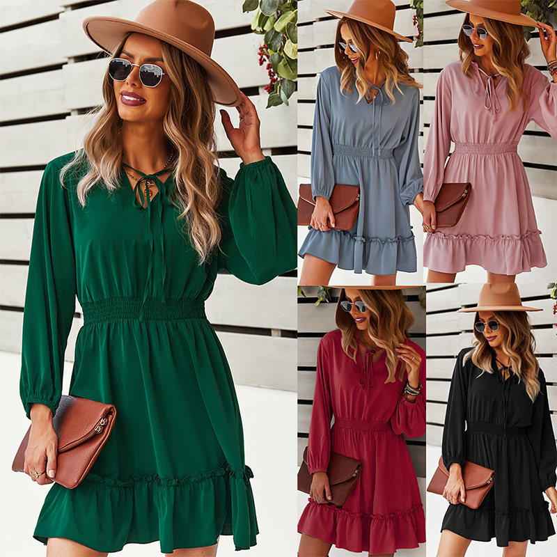 Fairy dress early autumn new half - court skirt fashion casual and comfortable long sleeve waist dresses-image-720517480