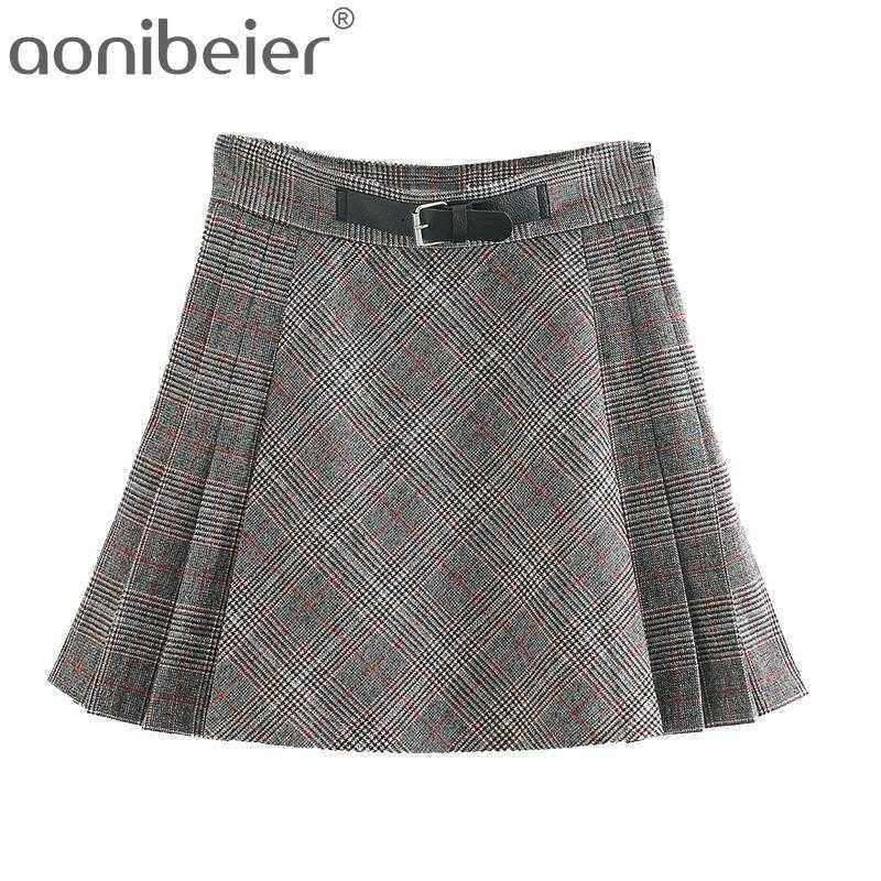 

Spring Autumn Checked Pleated Skirt Fashion Spliced Detail Side Zipper High Waist A-Line Casual Women Plaid Mini 210604, Skirts