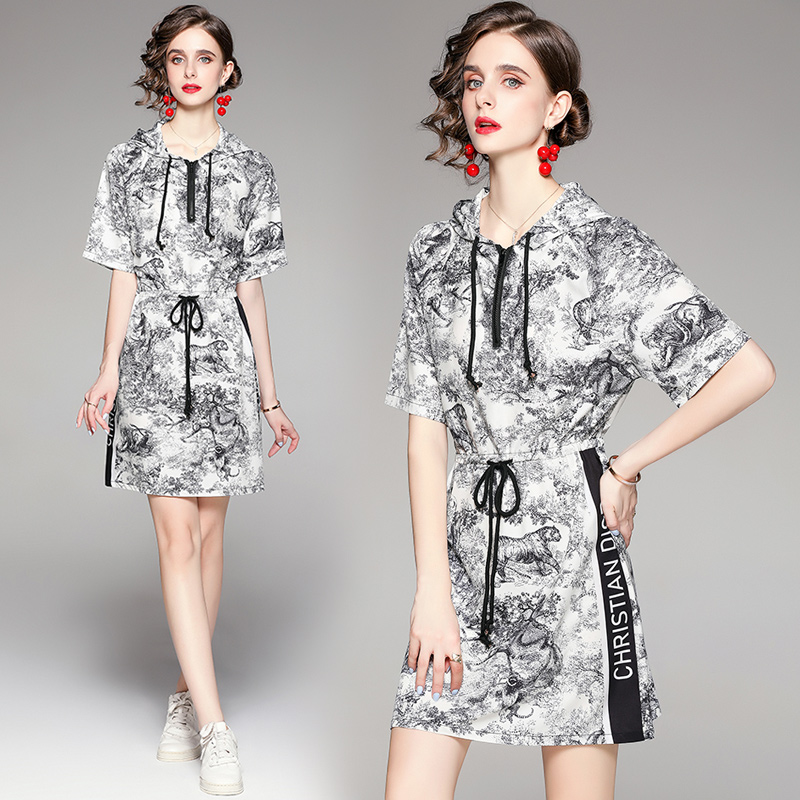 

Casual Womens Hoodies Dress Short Sleeve Summer Printed Dress High-end Trend Lady Dress Fashion Girl Dresses, Multi