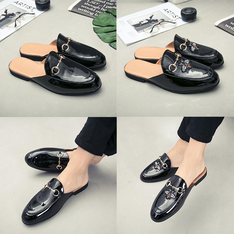 TOP qaulity Luxury Brand Mens designer Horsebit Metal Buckle Bee slippers Genuine Leather mules black slipper men Indoor and outdoor casual