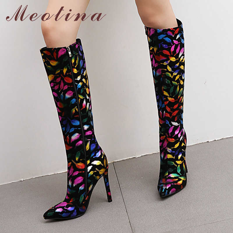 

Meotina Knee-High Boots Women Shoes Pointed Toe Stiletto Heels Zip Long Boots Mixed Colors Extreme High Heel Lady Boots Winter 210608, Leaf