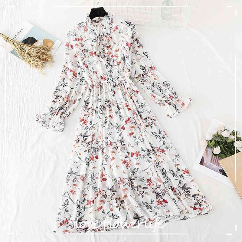 

Women Dress Spring Summer Korean Fashion Vintage Floral Print Chiffon Midi Dress Ladies Elegant Dresses Clothes 210521, Flowers 5