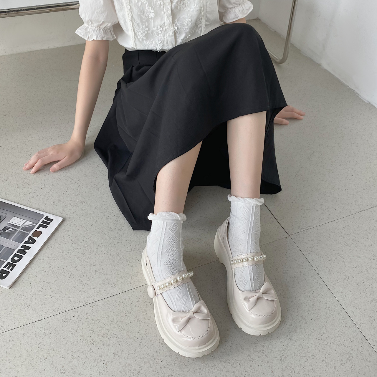 

white shoes platform Women small leather Japanese Mary Jane shoes jk thick square toe vintage College Student shoes heels Women, Black
