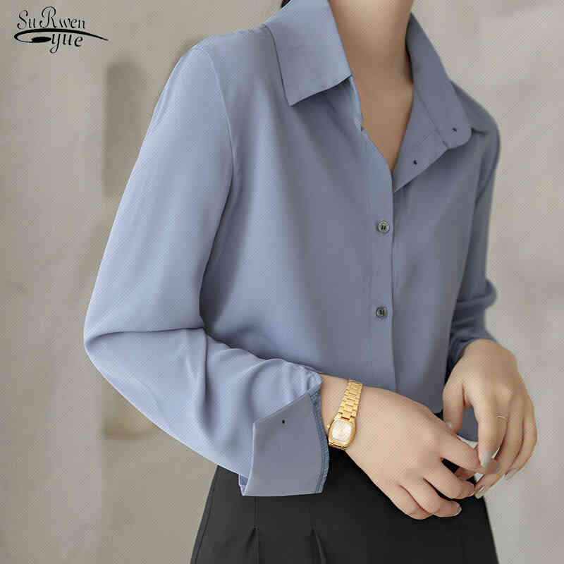 

Ladies Elegant Korean Office Shirt Fashion Button Up Satin Silk Blouse Women Plus Size White Long Sleeve  Tops 12473 210521, Blue