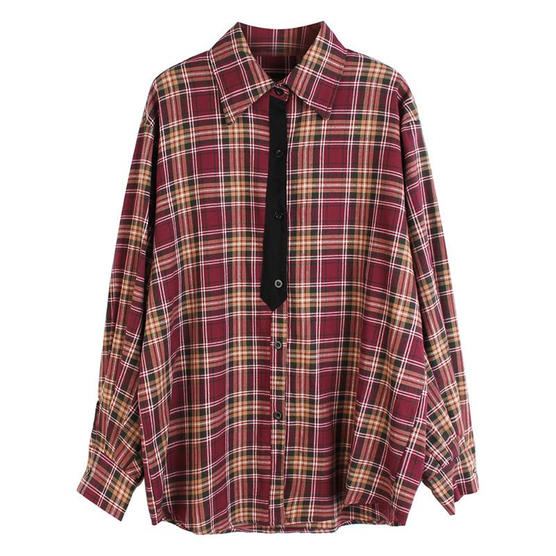 

Women's Blouses & Shirts Women Red Plaid Split Joint Big Size Blouse Lapel Long Sleeve Loose Fit Shirt Fashion Tide Spring Autumn 2021 T266