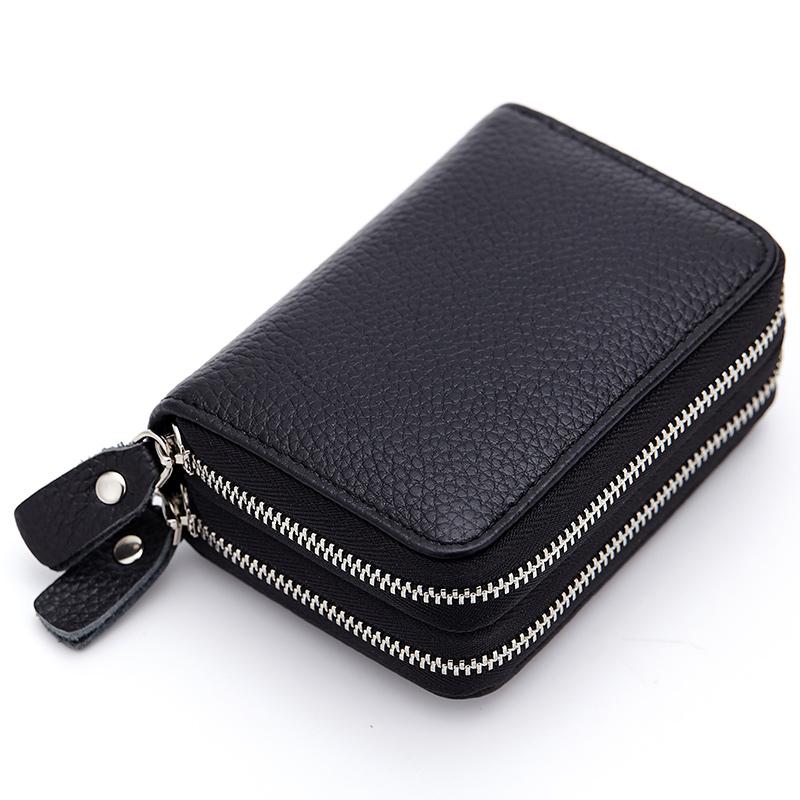 

Wallets Genuine Leather Men & Women Mini Short Wallet Cow Coin Purse Solid Card Holder Accordion Slots Double Zipper Pocket, Black