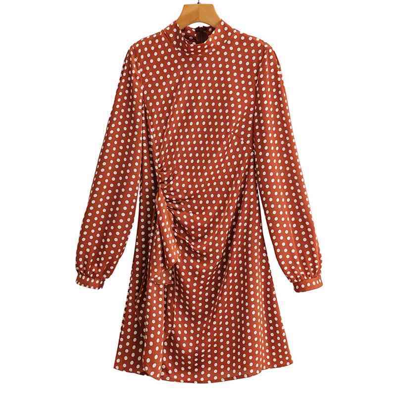 

Summer Women Mini Dress Ladies' Half High Collar Long Sleeve Polka Dot Dresses Female Streetwear 210524, Claret